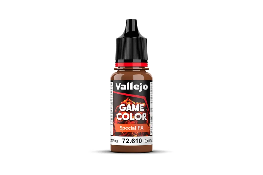 A 18ml bottle of Vallejo Game Color Special FX Galvanic Corrosion acrylic paint with a black dropper cap, set against a clean white background.