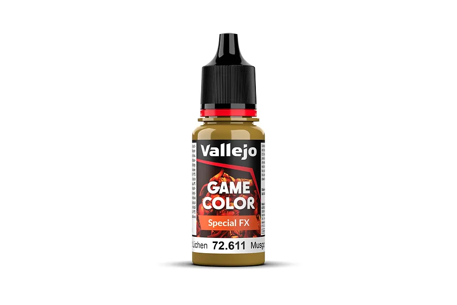 A 18ml bottle of Vallejo Game Colour Special FX Moss and Lichen acrylic paint, featuring a black dropper cap and a label with product details.