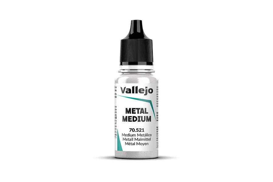 A 18ml bottle of Vallejo Metal Medium acrylic paint, model number 70.521, featuring a black dropper cap and white label with black text.