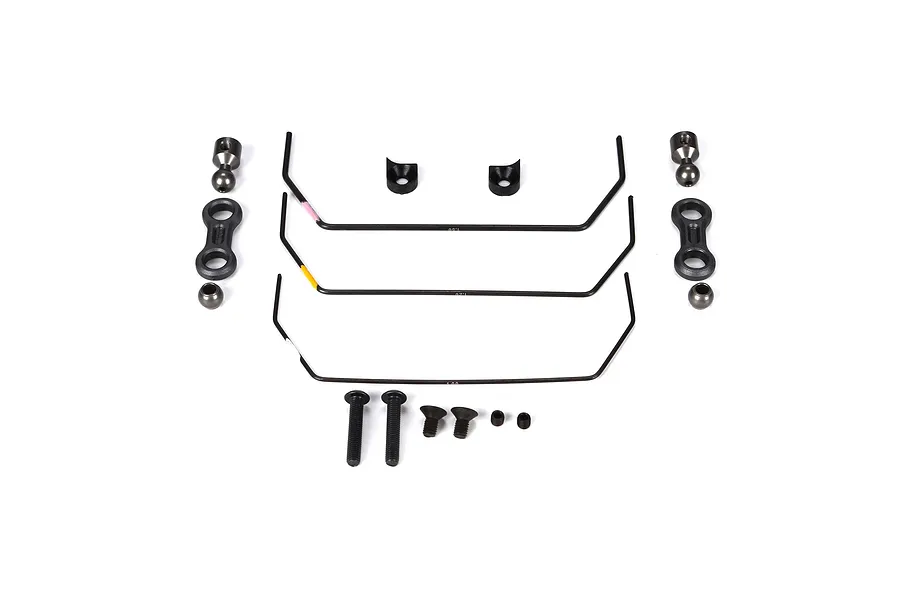 TLR front sway bar kit including three metal sway bars, plastic mounts, ball ends, and various screws on a white background.