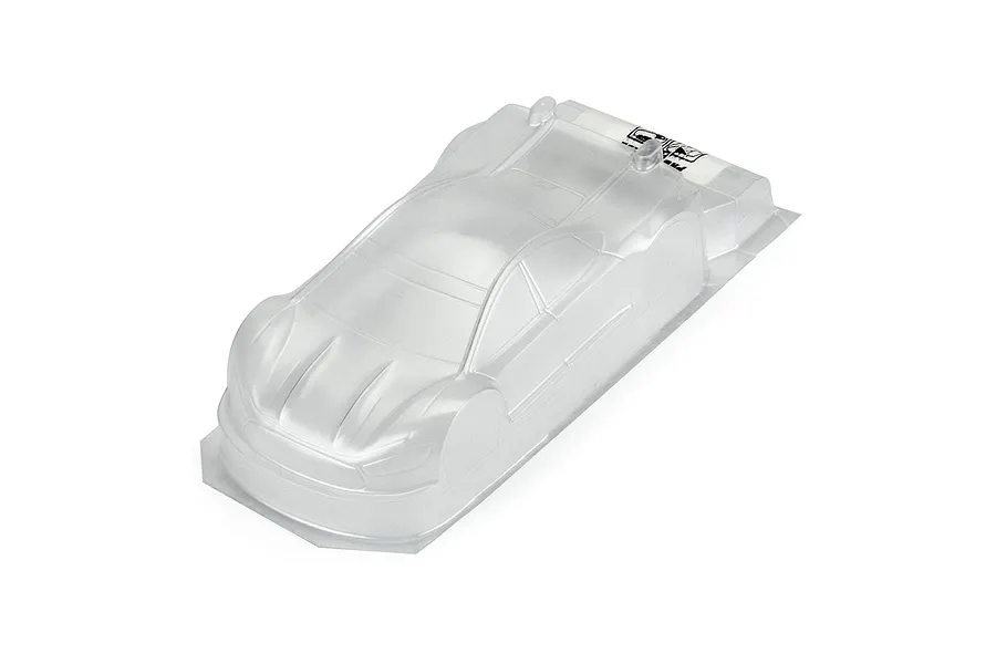 A clear, unpainted Pro-Line 1/28 scale P63 light weight RC car body shell viewed from a high angle against a white background.