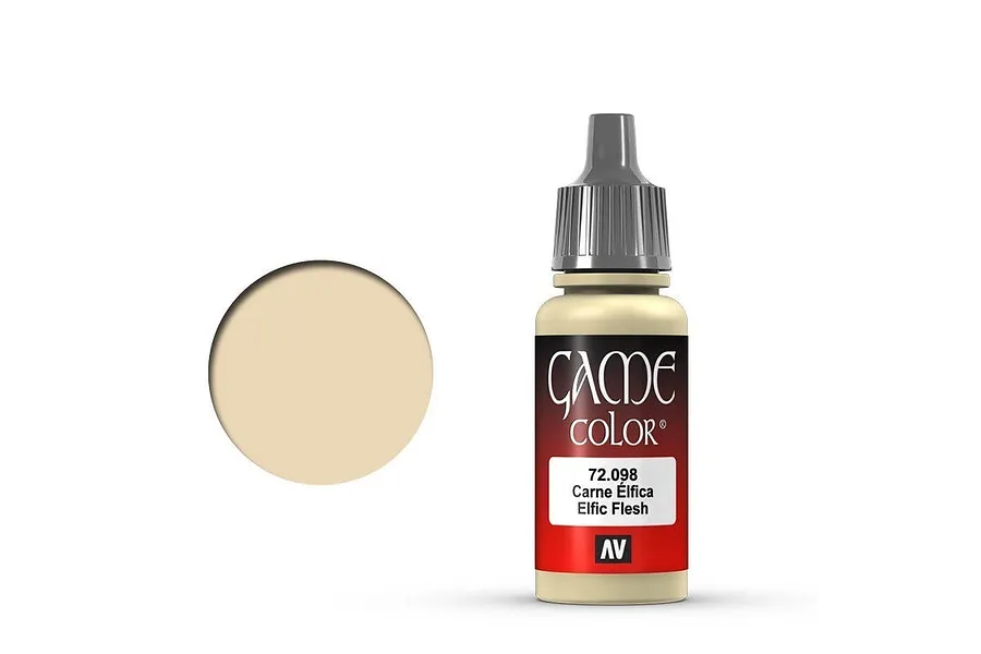 A 17ml bottle of Vallejo Game Color Elfic Flesh acrylic paint with a beige paint swatch circle to the left.