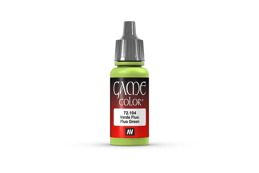 A 17ml bottle of Vallejo Game Color Fluorescent Green acrylic paint, featuring a grey dropper cap and a label with the product name and code 72.104.