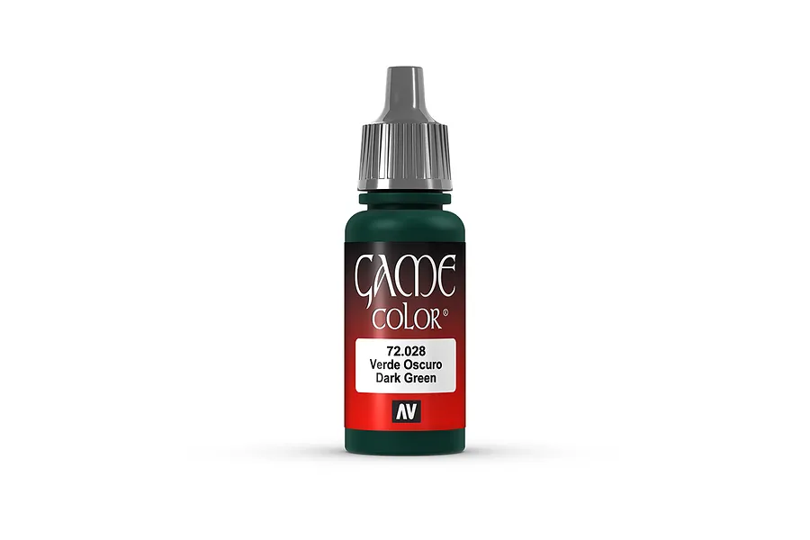 A 17ml bottle of Vallejo Game Colour Dark Green acrylic paint, featuring a dropper tip and a label with the product name and code 72.028.