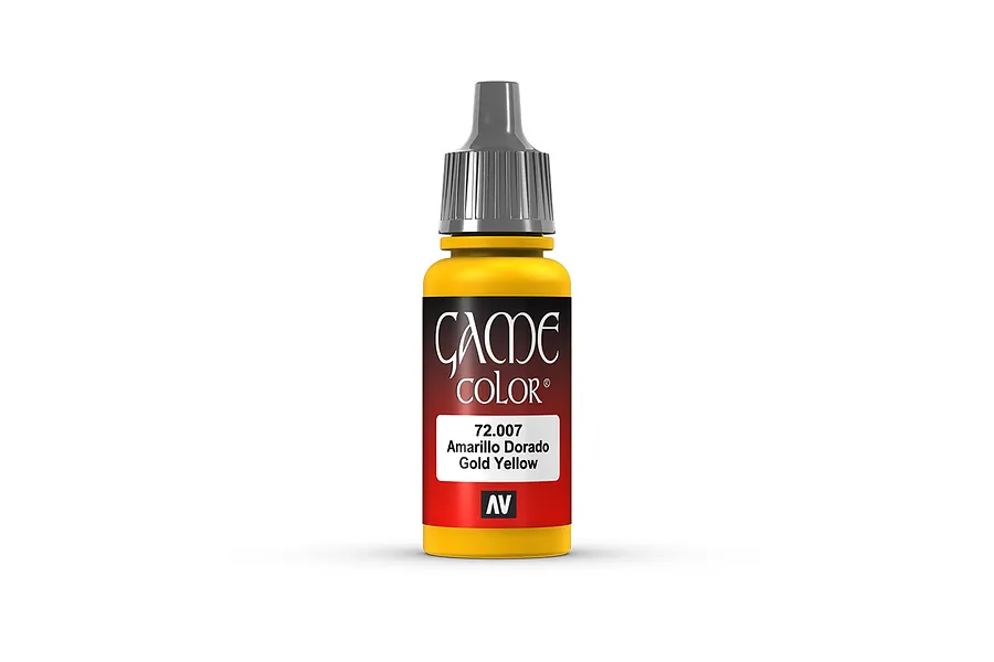 A 17ml bottle of Vallejo Game Color Gold Yellow acrylic paint, featuring a yellow body, grey dropper cap, and a label with the product name and code 72.007.