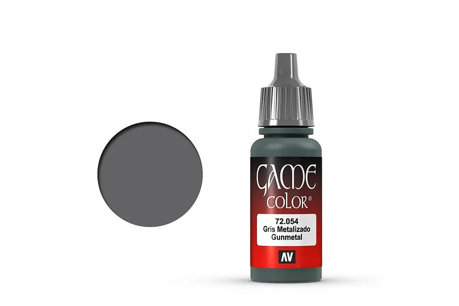 Vallejo Game Color 17ml acrylic paint bottle in Gunmetal (72.054) with a grey paint swatch circle to the left.