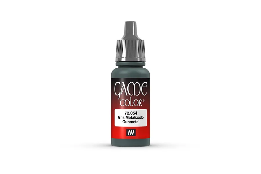 A 17ml bottle of Vallejo Game Color Gunmetal acrylic paint with a grey dropper cap against a white background.