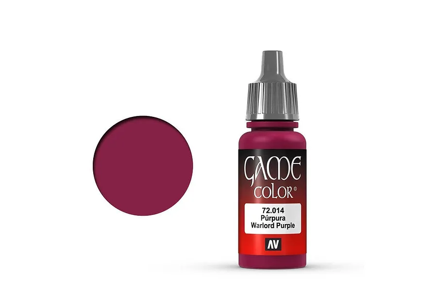 A 17ml bottle of Vallejo Game Color Warlord Purple acrylic paint with a purple paint swatch circle to the left.