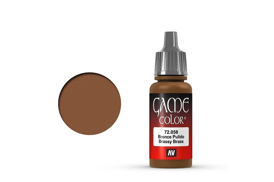 A 17ml bottle of Vallejo Game Color Brassy Brass acrylic paint with a dropper cap, shown next to a circular color swatch.