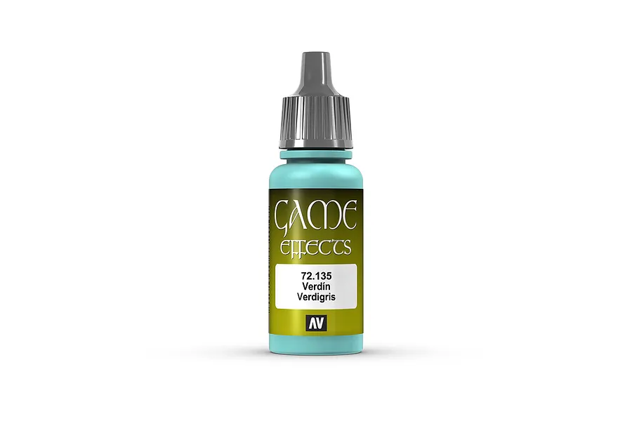 A 17ml bottle of Vallejo Game Effects Verdigris acrylic paint with a grey dropper cap against a white background.