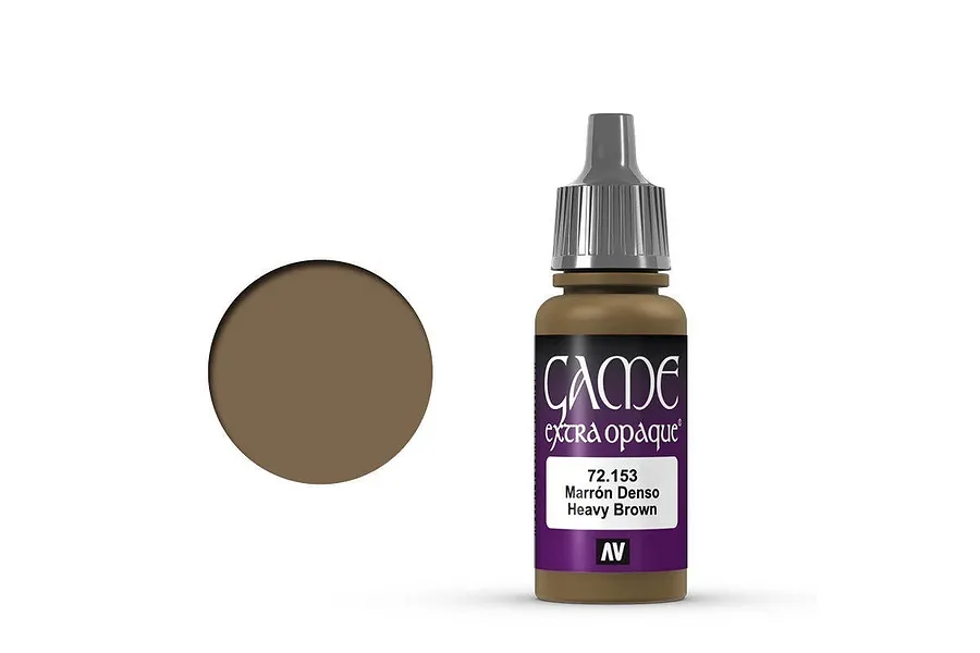 A 17ml bottle of Vallejo Game Colour Extra Opaque Heavy Brown acrylic paint with a brown paint swatch next to it.