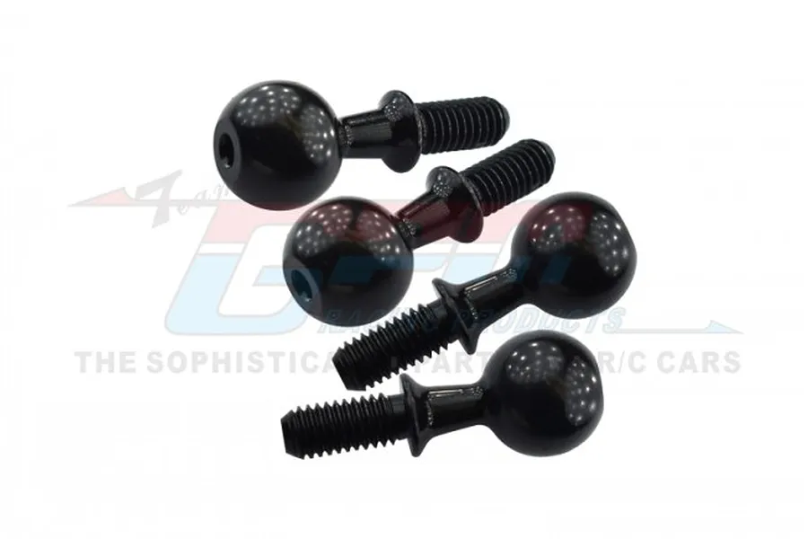 Four black carbon steel pivot balls for RC cars arranged on a white background with a GPM Racing logo watermark.