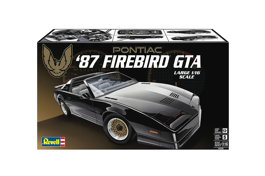 Revell 1/16 scale 1987 Pontiac Firebird GTA plastic model kit box art showing a black car against a dark background.