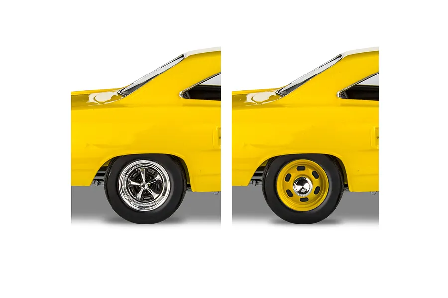 Side-by-side comparison of two rear wheel options for a yellow 1970 Plymouth Roadrunner model car kit.