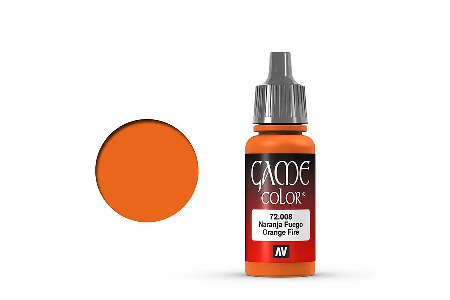 A 17ml bottle of Vallejo Game Color Orange Fire acrylic paint next to a circular orange paint swatch.