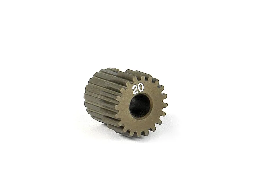 A bronze-coloured 20-tooth pinion gear for RC cars, featuring a central hole and laser-etched number 20 on the face, isolated on a white background.