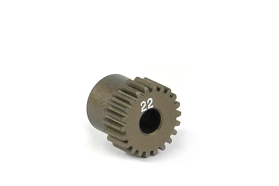 A bronze-coloured 22-tooth pinion gear for RC cars, featuring a central shaft hole and the number 22 laser-etched on the face.