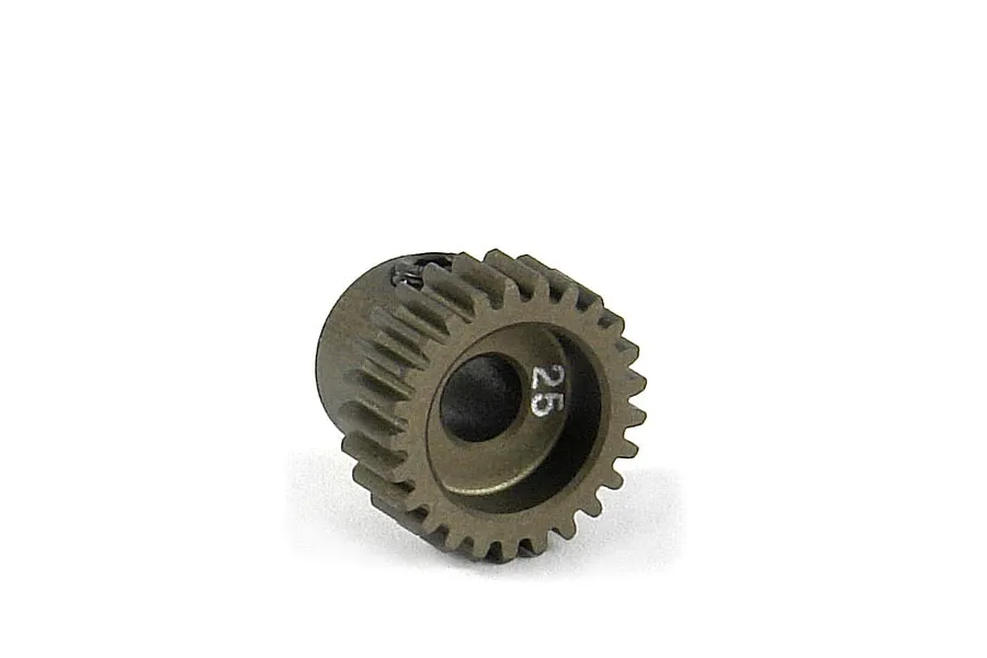 A bronze-coloured 25-tooth RC pinion gear with a set screw, isolated on a white background.