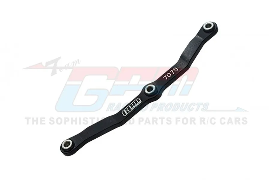 A black aluminium steering link rod for RC cars by GPM Racing, featuring a central bend and metal pivot ball inserts.