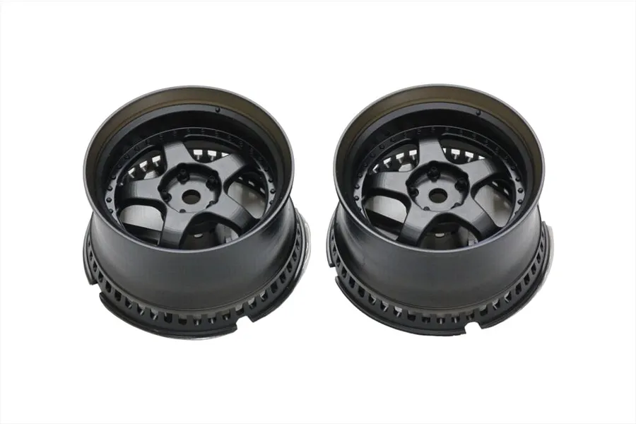 Two black Pandora RC 2.05-inch RWB S-1 style rims with a deep dish design, viewed from a high angle against a white background.