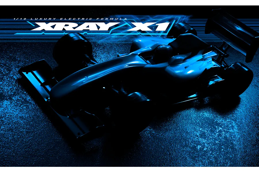 A stylized, blue-toned promotional image of an XRAY X1 RC formula car on a dark, textured surface with the XRAY X1 logo above.