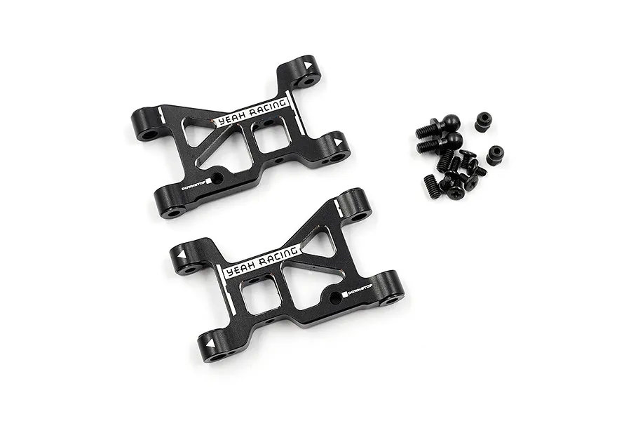 Two black aluminium front suspension arms for RC cars by Yeah Racing, with included mounting hardware on a white background.