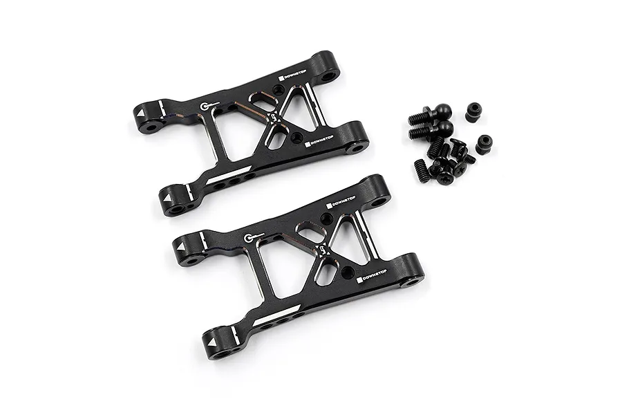 Two black aluminium RC rear suspension arms with mounting hardware on a white background.