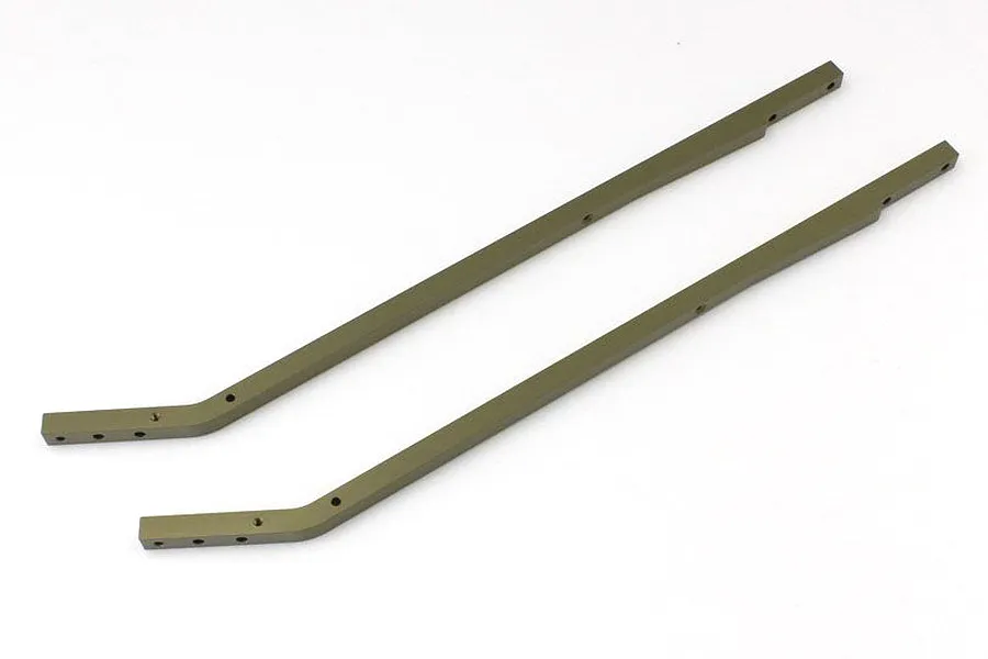 Two gunmetal grey aluminium RC chassis rails with pre-drilled mounting holes, shown against a plain white background.