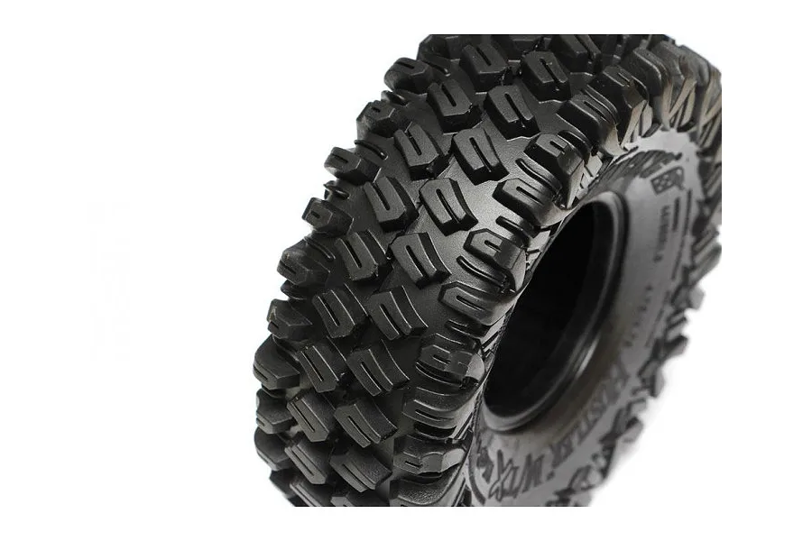 Close-up of a Boom Racing 1.9 inch Hustler Xtreme RC crawler tyre showing the aggressive tread pattern and sidewall branding.