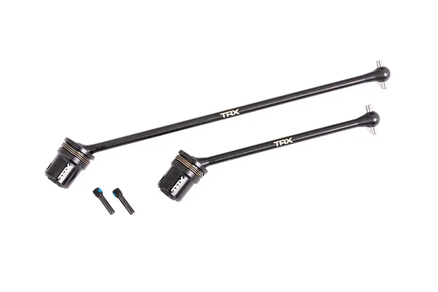Two black steel Traxxas CVD driveshafts with two small grub screws on a white background.
