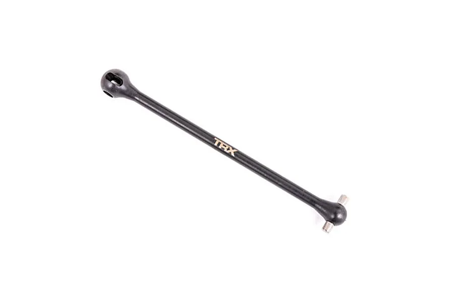 A black Traxxas steel centre front CVD driveshaft with TRX branding on a white background.