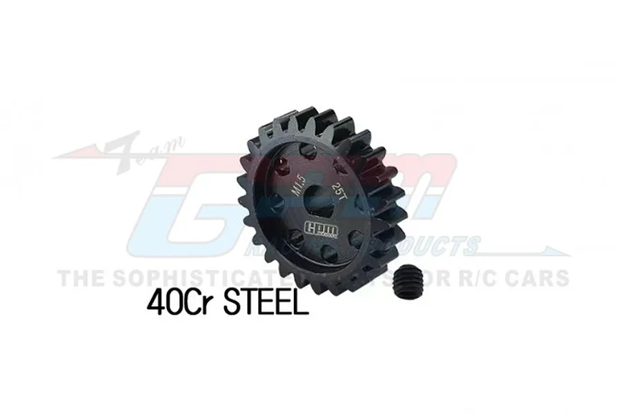 A black GPM Racing 25T 1.5Mod pinion gear made of 40Cr steel, shown with a small grub screw on a white background.