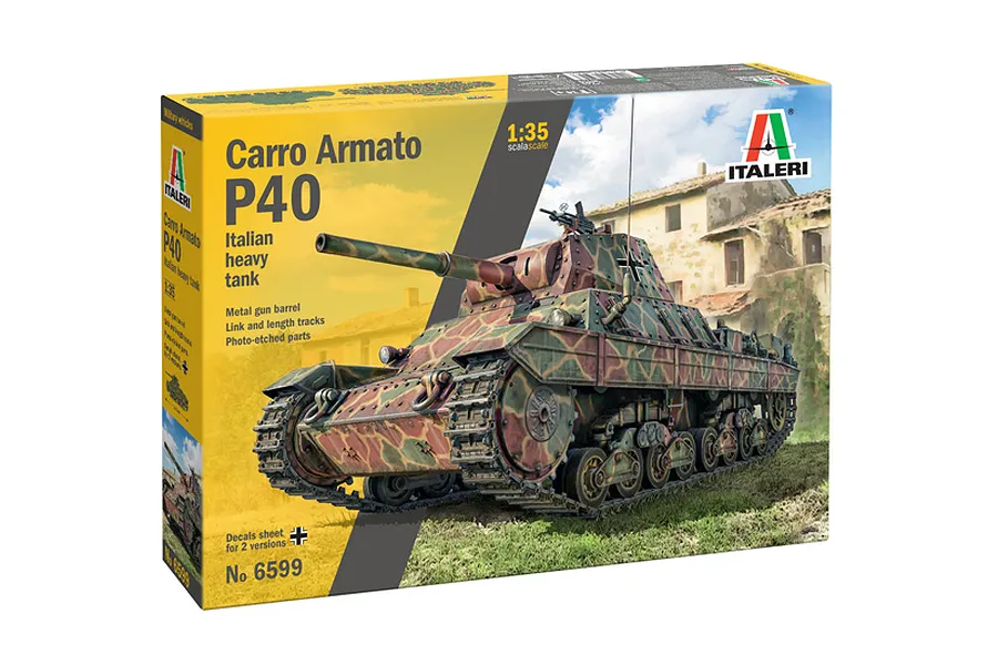 Italeri 1/35 scale Carro Armato P40 Italian heavy tank plastic model kit box art showing a camouflaged tank in a field.
