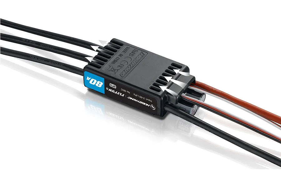Hobbywing Flyfun V5 80A brushless electronic speed controller with black casing and cooling fins, showing input and output wires.