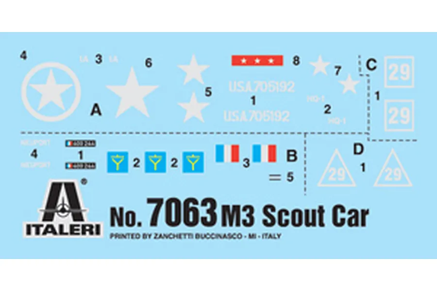 A decal sheet for the Italeri 1/72 M3 Scout Car model kit, featuring various military markings, stars, and numbers on a light blue backing paper.