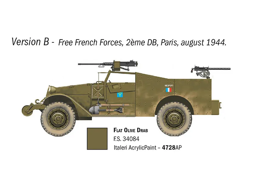 A side-profile illustration of an M3A1 Scout Car in olive drab, showing markings for Free French Forces in Paris, August 1944, with a paint reference guide.