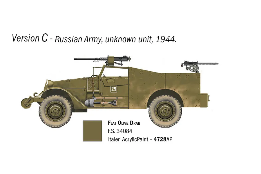 A digital illustration showing a side profile of an M3A1 Scout Car in Russian Army livery, including a paint color reference guide.