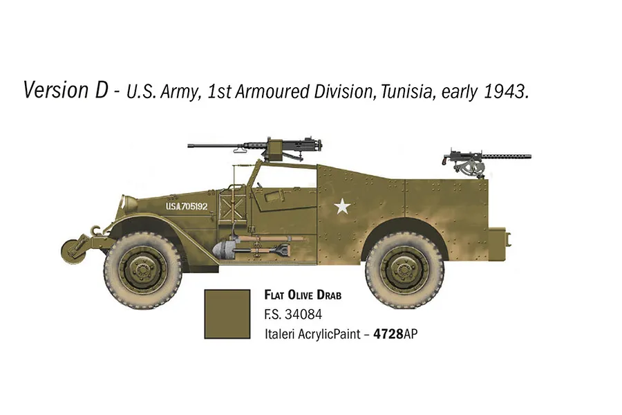A digital illustration of an M3A1 Scout Car in olive drab, showing paint scheme and markings for a 1943 U.S. Army version, including a paint reference guide.