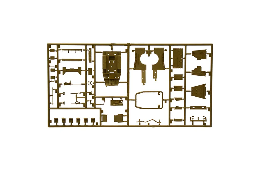 A single olive drab plastic sprue containing various unattached model kit parts for an M3A1 Scout Car on a white background.