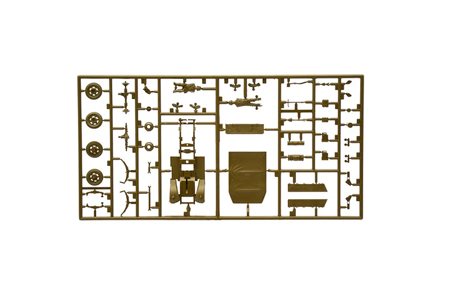 A single sprue of olive-drab plastic model parts for an Italeri 1/72 scale M3A1 Scout Car, featuring wheels, chassis components, and small accessories.
