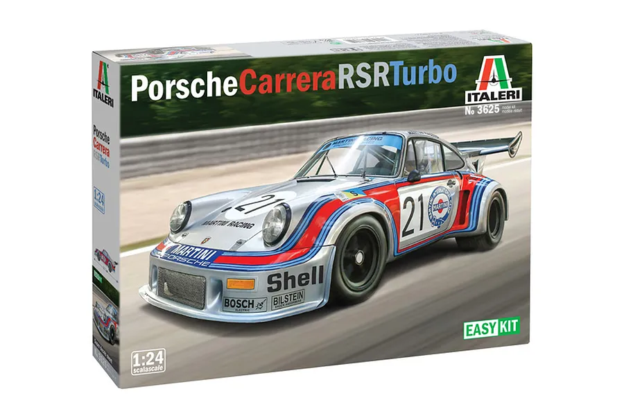 Italeri 1/24 scale Porsche Carrera RSR Turbo model kit box featuring a silver Martini Racing livery race car.