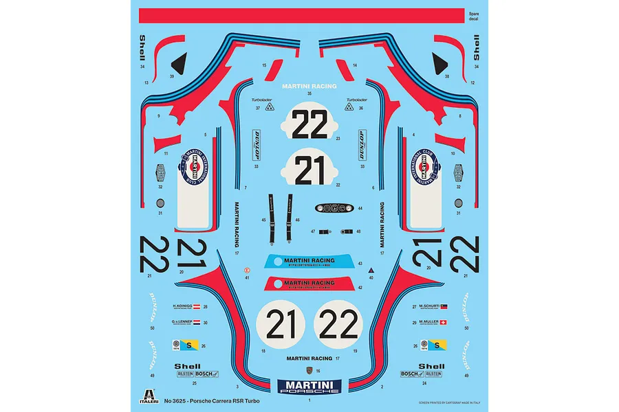 A decal sheet for the Italeri 1/24 Porsche Carrera RSR Turbo model kit, featuring Martini Racing livery, race numbers 21 and 22, and various sponsor logos.