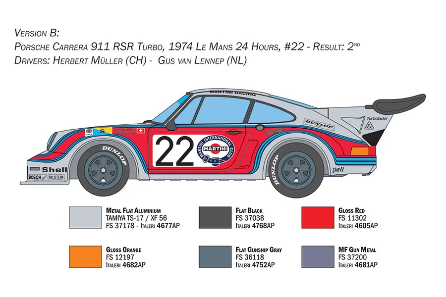 A technical illustration of a 1974 Porsche Carrera 911 RSR Turbo race car in Martini livery, showing paint color codes for a model kit.