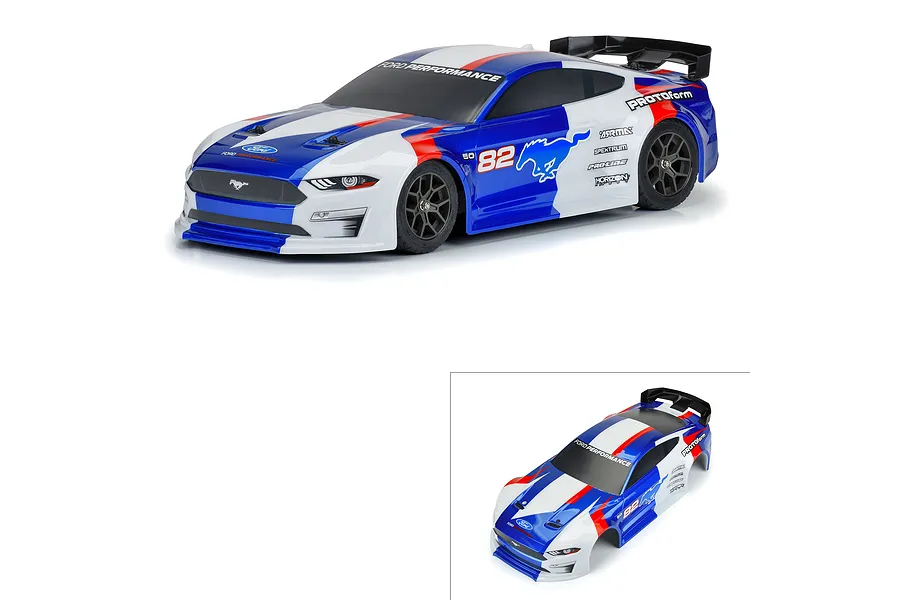 A pre-painted Protoform 2021 Ford Mustang RC body shell in blue, white, and red livery, shown mounted on a chassis and as a separate shell.