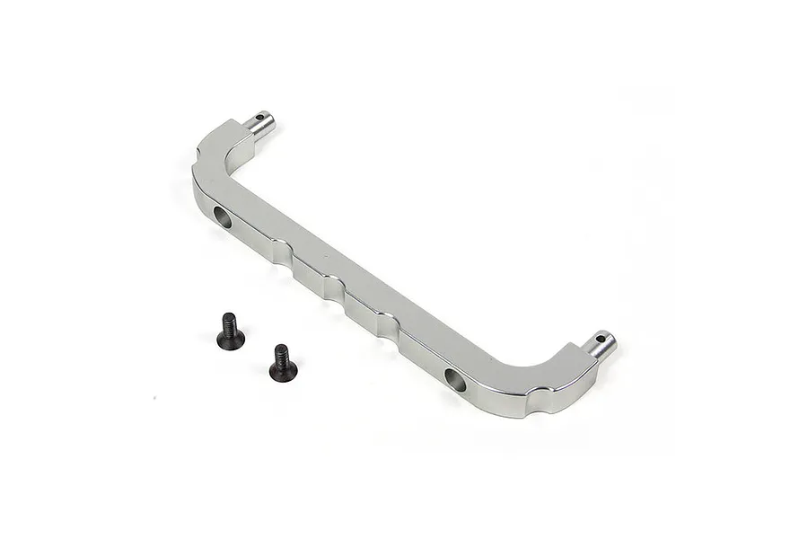A silver aluminium front roll cage support bar for an RC car, shown with two small black screws on a white background.
