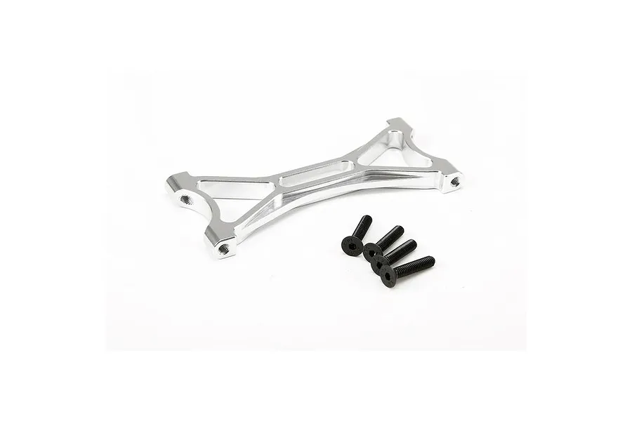 A silver aluminium X-shaped RC chassis mount with four black screws on a white background.