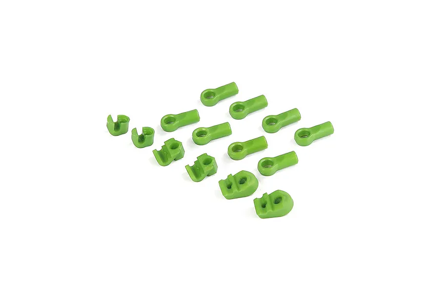 A set of bright green nylon RC sway bar mounts and rod ends arranged on a white background.