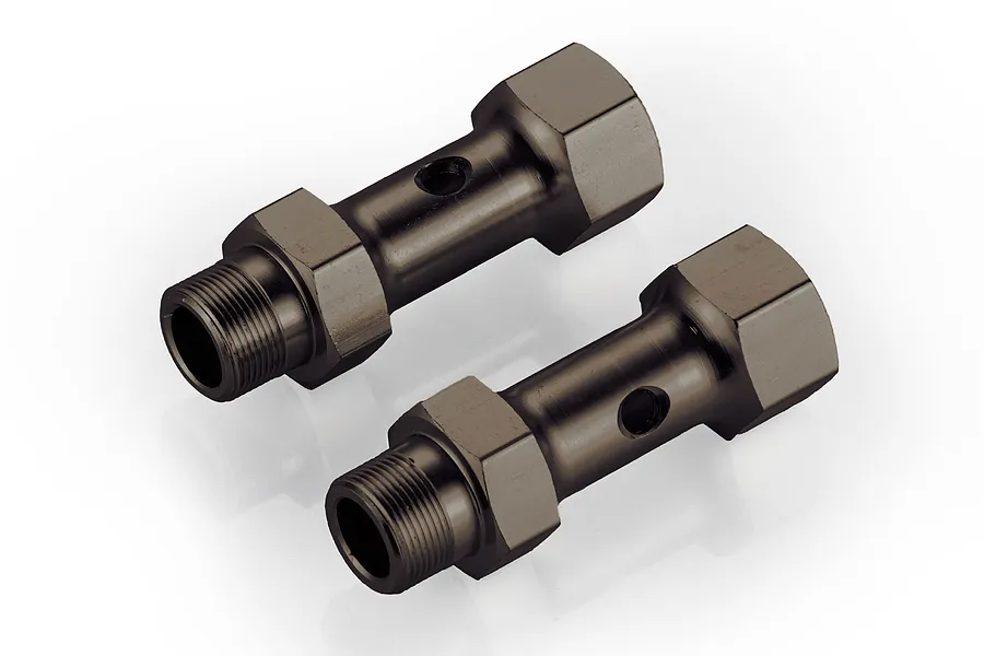 Two gunmetal grey aluminium front double axles for an RC car, shown from an elevated angle against a white background.