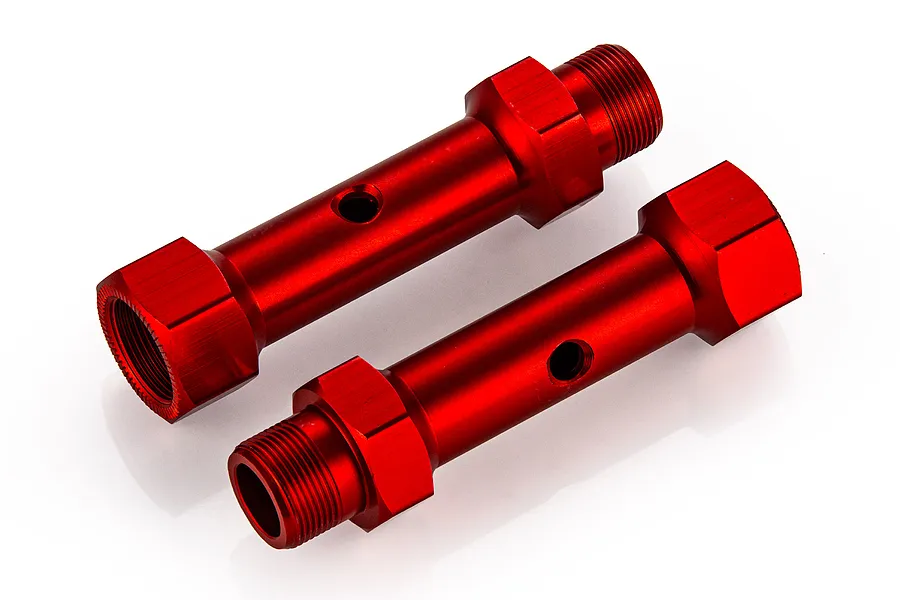 Two red anodized aluminium rear double axles for RC vehicles, shown against a white background.