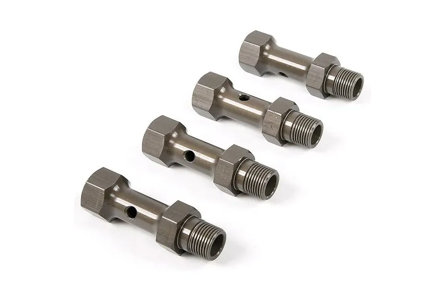 Four gunmetal grey aluminium RC wheel axles arranged in a row on a white background.